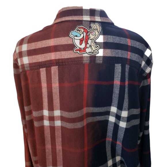 Upcycled Distressed Flannel with "Ren & Stimpy" Embroidered Patch 2XL - Picture 1 of 9
